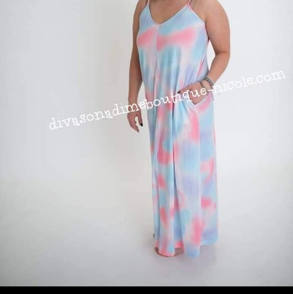 Shirley and Stone Plus Size Tie Dye Dress 3X Pockets Adjustable Spaghetti Straps - Picture 1 of 3
